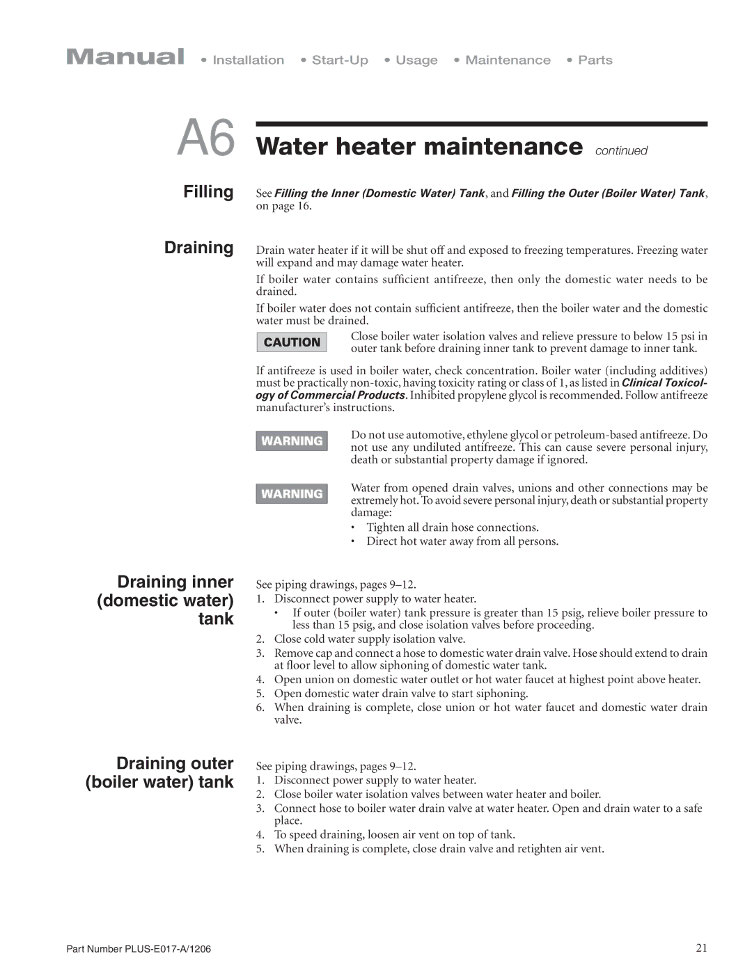 Weil-McLain PLUS-E017-A/1206 manual A6 Water heater maintenance , Filling Draining, Draining inner domestic water tank 